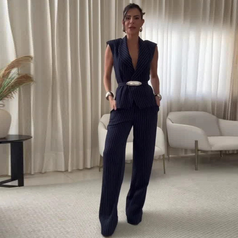 Forever 21 Summer Collared Sleeveless Navy Blue Striped Pantsuit